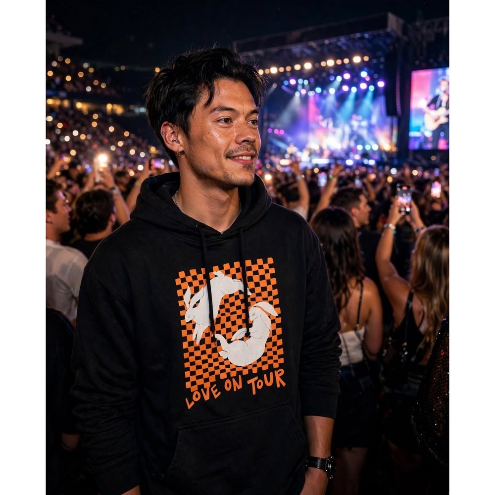 Harry Styles Love On Tour Rabbits Hoodie Sweater Black Orange Checkered Size L